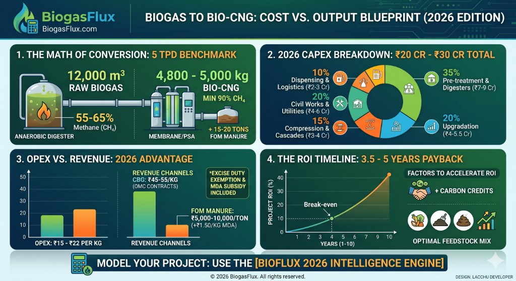Biogas upgradation system cost breakdown — 2026 capex by component, membrane/PSA conversion flow, and Bio-CNG plant economics infographic