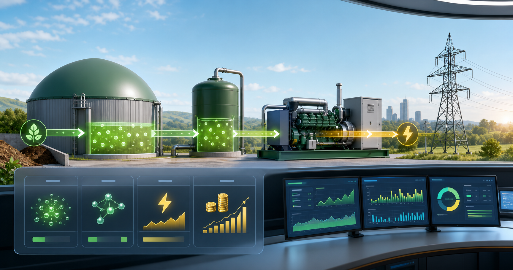 Biogas m3 to kWh conversion workflow with CHP generator sizing and project economics dashboard