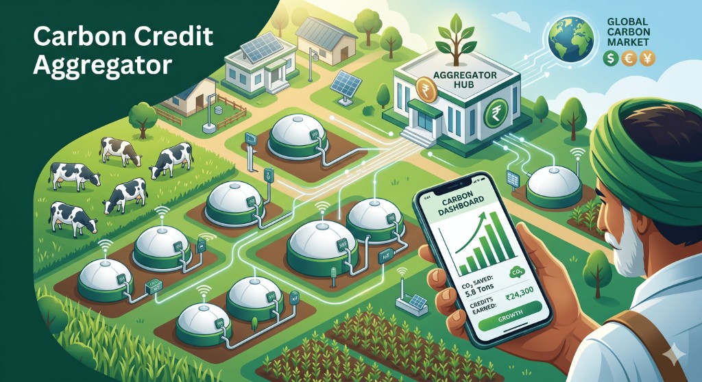 Aggregator hub linking distributed biogas plants to international carbon markets with rupee and multi-currency settlement context