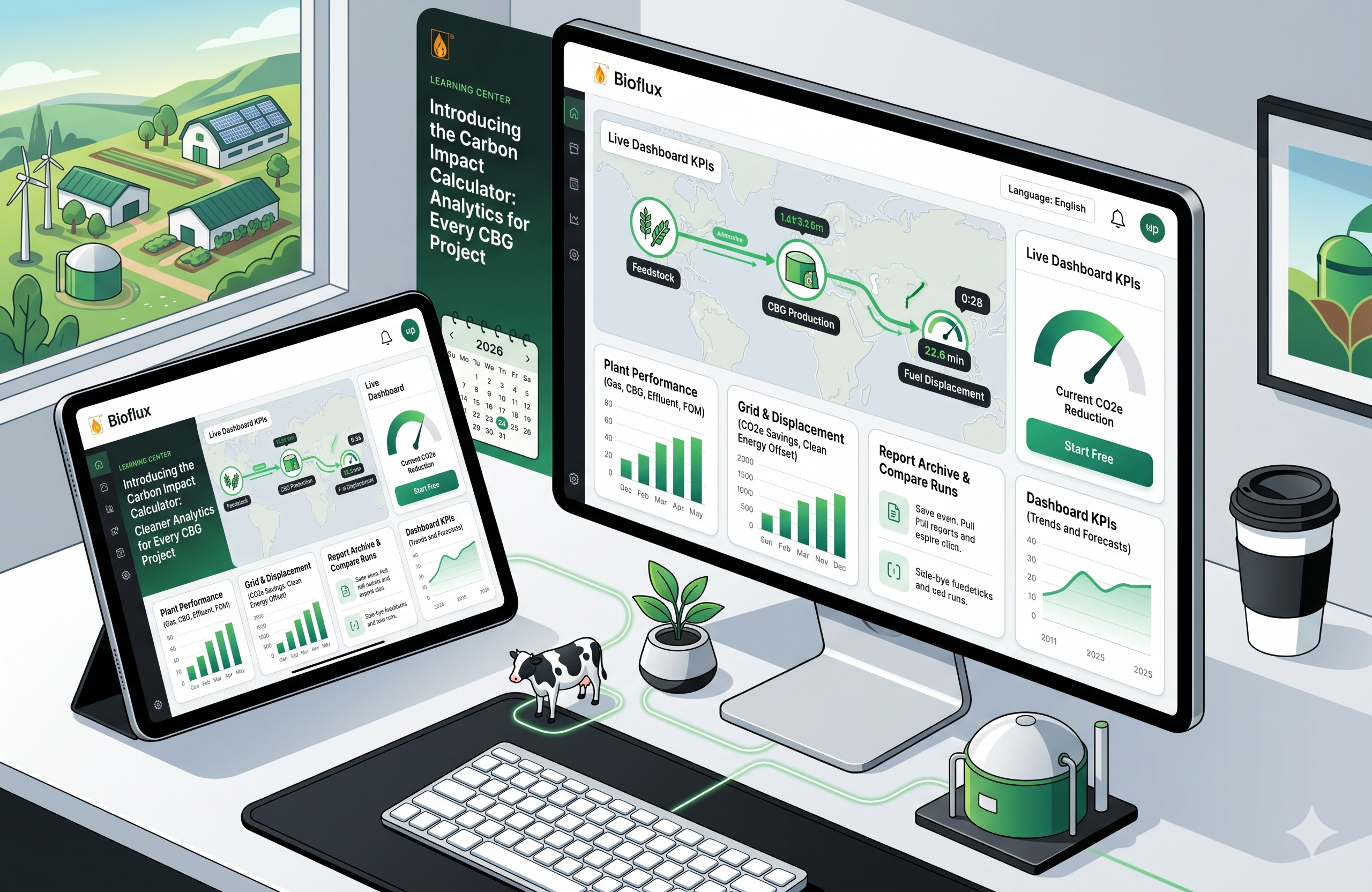 Bioflux dashboard preview with clear project analytics and saved calculator runs