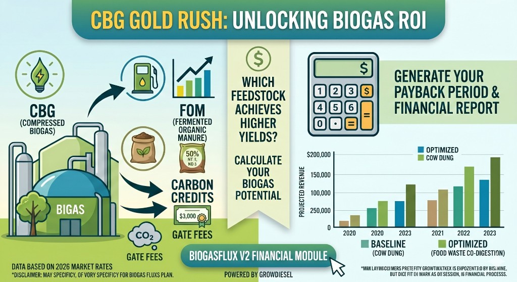 Biogas ROI visual showing CBG, FOM, carbon credits, and payback period financial model factors