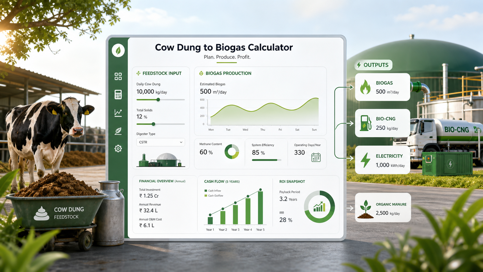Bioflux calculator workflow for converting cow dung feedstock into biogas volume, methane, Bio-CNG, kWh and project revenue
