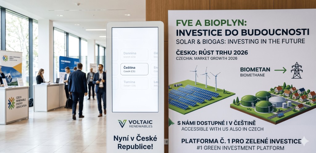 Renewable energy event: touchscreen kiosk with Čeština / Czech (CS) selected and a bilingual poster on solar, biogas, and biomethane investment in Czechia for 2026.