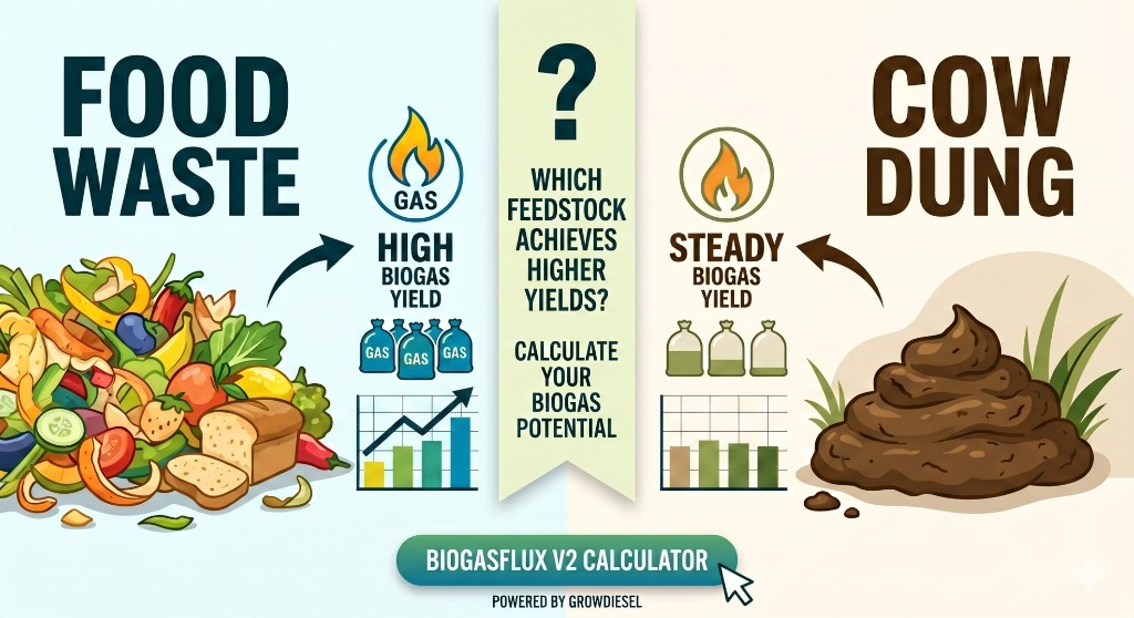 Infographic showing food waste high biogas yield compared with steady cow dung yield for feedstock planning