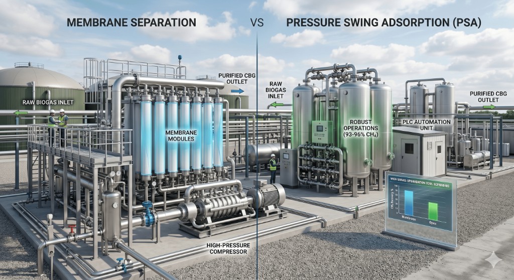 Infographic comparing membrane modules and PSA vessels for CBG upgradation—methane recovery percentages, compressors, and methane upgradation tool scenarios