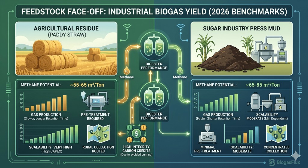 Side-by-side infographic comparing paddy straw and press mud for industrial biogas: gas production curves, pre-treatment needs, digester performance, and carbon credit context