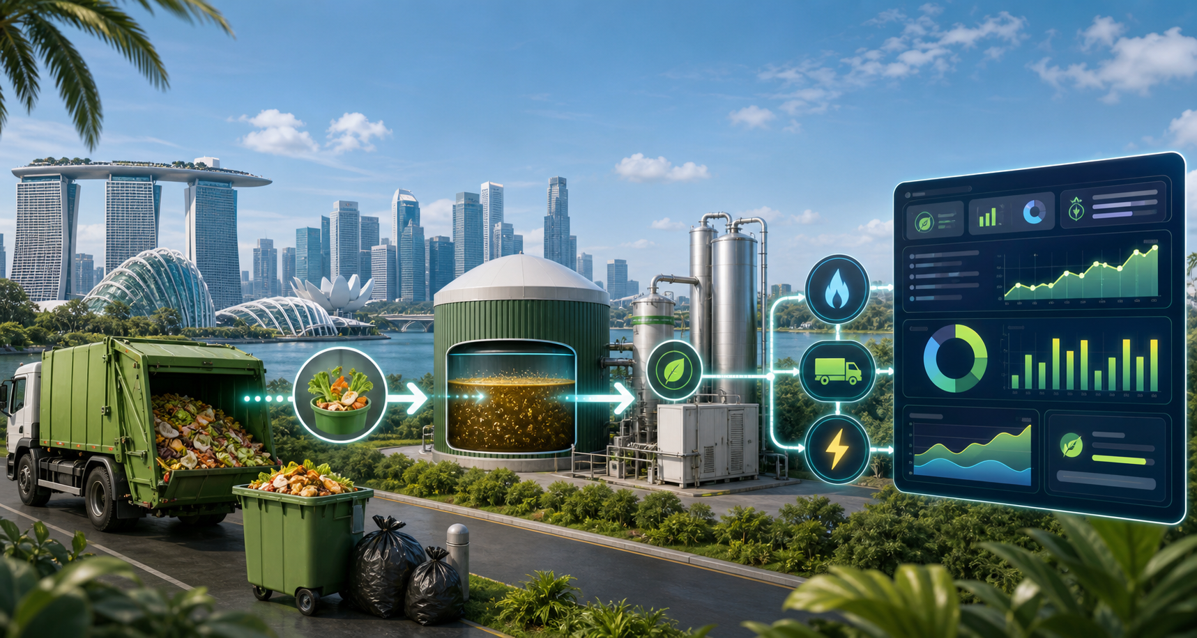 Singapore skyline with food waste, anaerobic digestion and Bioflux calculator dashboard for Bio-CNG and electricity scenarios